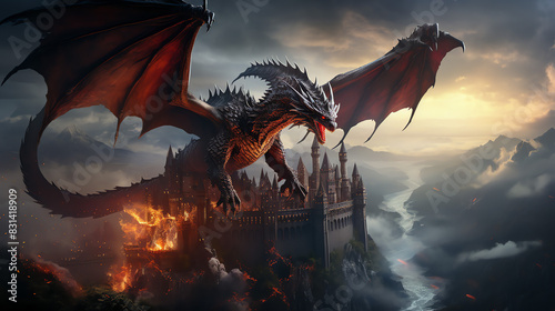 A black dragon with red wings is flying over a castle, breathing fire on the castle and setting it ablaze.