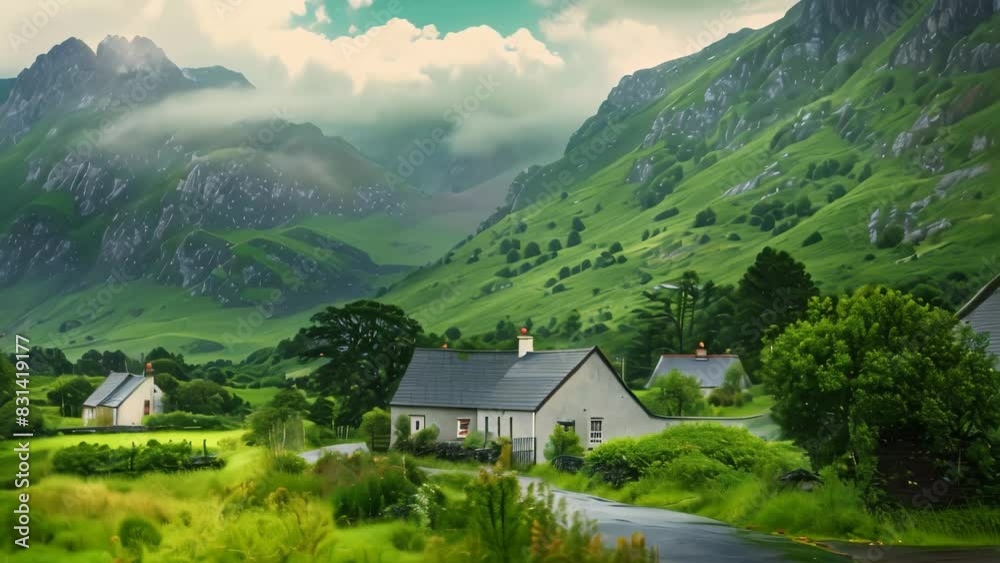 A painting portraying a country house nestled in the mountains, A landscape dotted with charming Irish cottages A painting portraying a country house nestled in the mountains, A landscape dotted with charming Irish cottages
