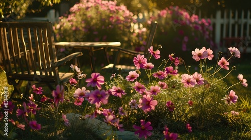 Floral arrangement of cosmos blooms in the yard