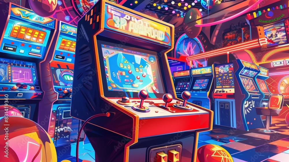 A whimsical cartoon illustration of a retro gaming console with a joystick, featuring bright colors and exaggerated features, set against a background of arcade machines and neon lights A whimsical cartoon illustration of a retro gaming console with a joystick, featuring bright colors and exaggerated features, set against a background of arcade machines and neon lights