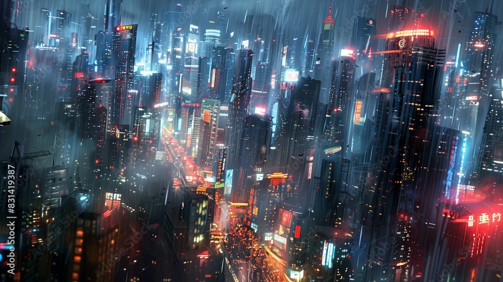 Fototapeta premium Futuristic City at Night With Neon Lights.