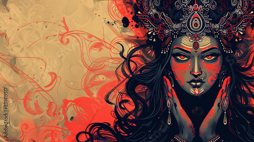 Illustration of Indian Goddess Kali Maa with Intense Expression and Ornate Details. photo