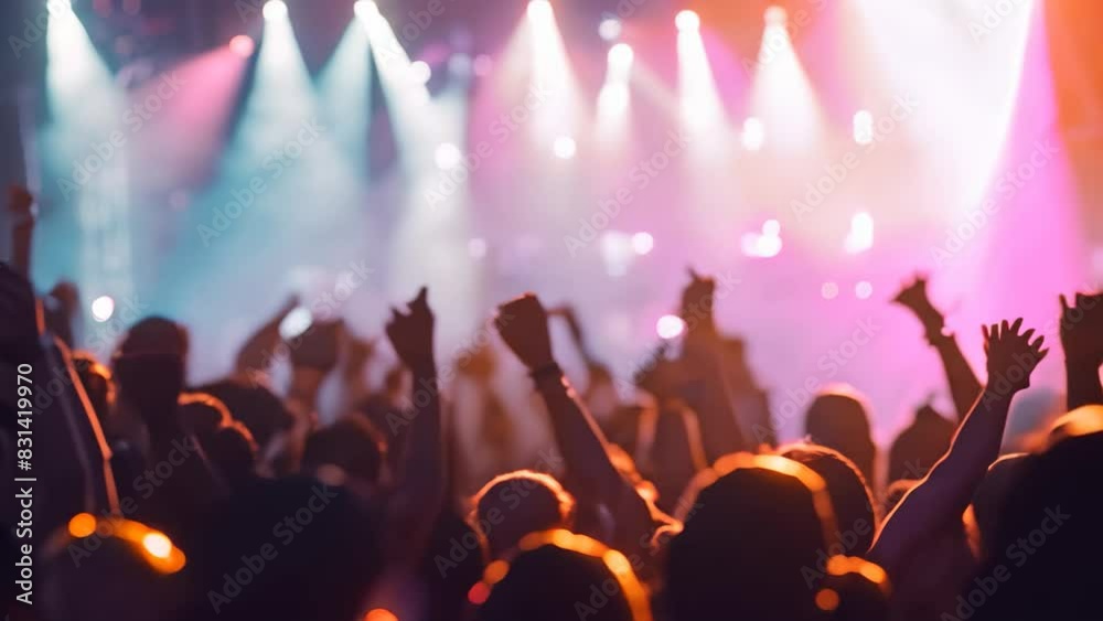 A vibrant crowd of people enthusiastically raising their hands at a music festival concert, A lively music festival with bright lights and energetic crowds