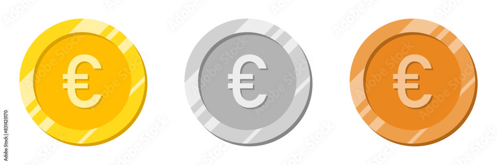 Euro coin in golden color. European currency with shiny effect vector illustration in gold, silver and bronze color. Pound coin vector. Euro coin in golden color. European currency with shiny effect vector illustration in gold, silver and bronze color. Pound coin vector.