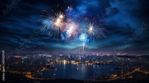 A graphic illustration of a big city at night with a big lake. Fireworks in the night sky, celebration event
