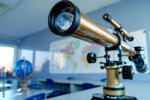 close-up shot of the telescope's eyepiece and adjustment knobs, with the body of the telescope leading into the background. In the background, a whiteboard with detailed astronomic