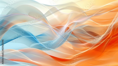 An ultra-clear photograph of an abstract background with elegant waves in a harmonious mix of orange, blanc, and blue, evoking a sense of movement and fluidity