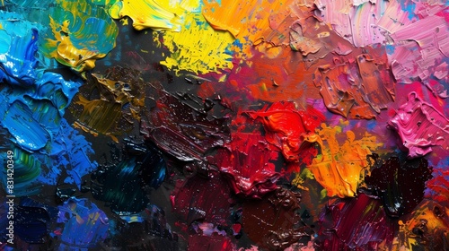 An ultra-clear photograph of a palette covered in oil paint stains, the vibrant colors smeared and blended in an abstract pattern, creating a visually striking background