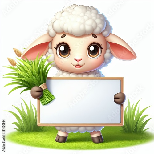 Cute Sheep Holding Grass Board Cartoon, 3d Generative AI photo