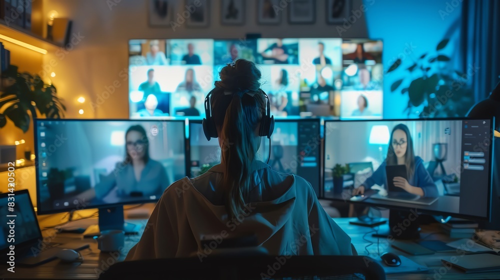 Person in front of multiple monitors participating in a virtual meeting or remote work session, with various screens displaying different people. Person in front of multiple monitors participating in a virtual meeting or remote work session, with various screens displaying different people.