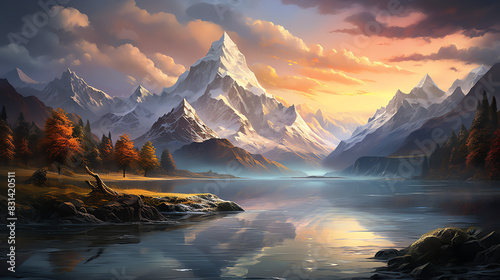 a painting of a mountain landscape. 
