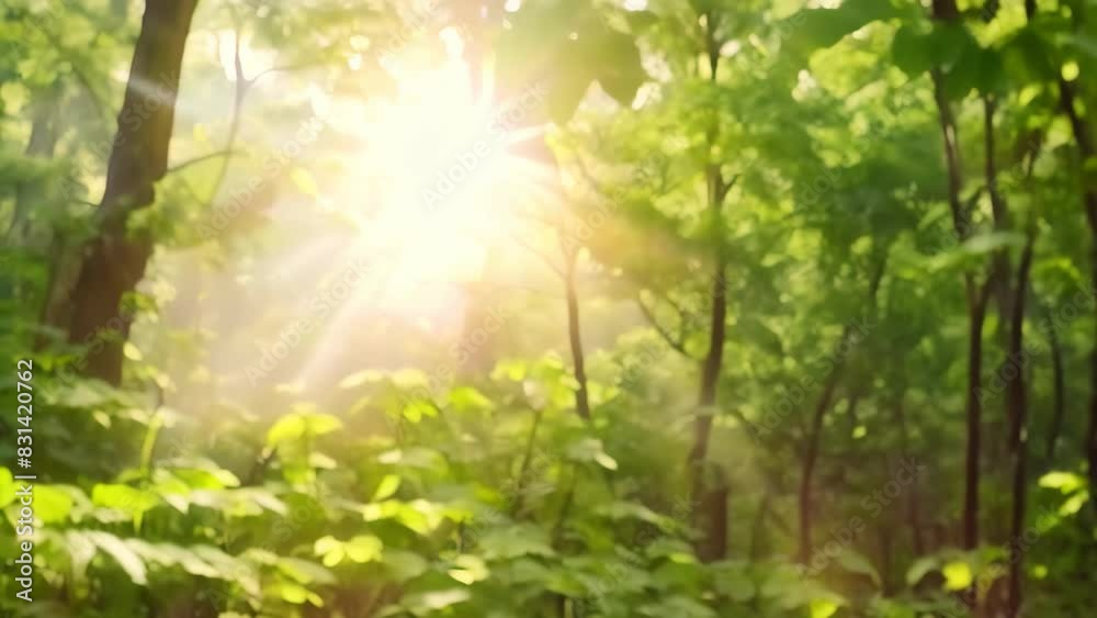 Sun shining through dense trees in a vibrant green forest, A lush green forest with sunlight filtering through the leaves Sun shining through dense trees in a vibrant green forest, A lush green forest with sunlight filtering through the leaves