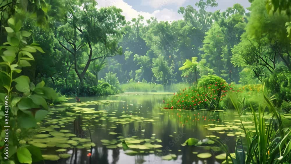 A detailed painting showing a pond filled with vibrant lily pads and reflections on the waters surface, A lush, green riverbank teeming with wildlife and vegetation A detailed painting showing a pond filled with vibrant lily pads and reflections on the waters surface, A lush, green riverbank teeming with wildlife and vegetation