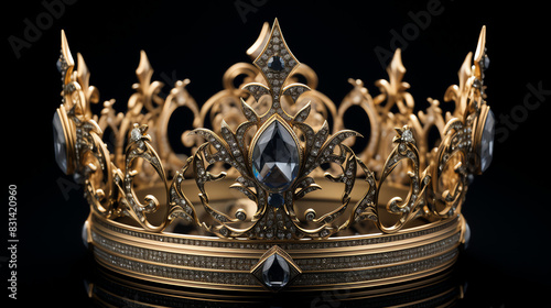  a gold crown with red and blue jewels on a black background.