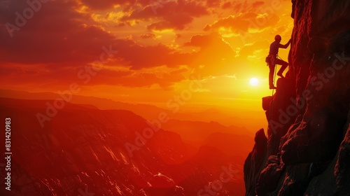 silhouette of a climber at the mountain summit during sunset highlights the ambition and inspiration of extreme rock climbing, with the orange sky as a backdrop © jechm