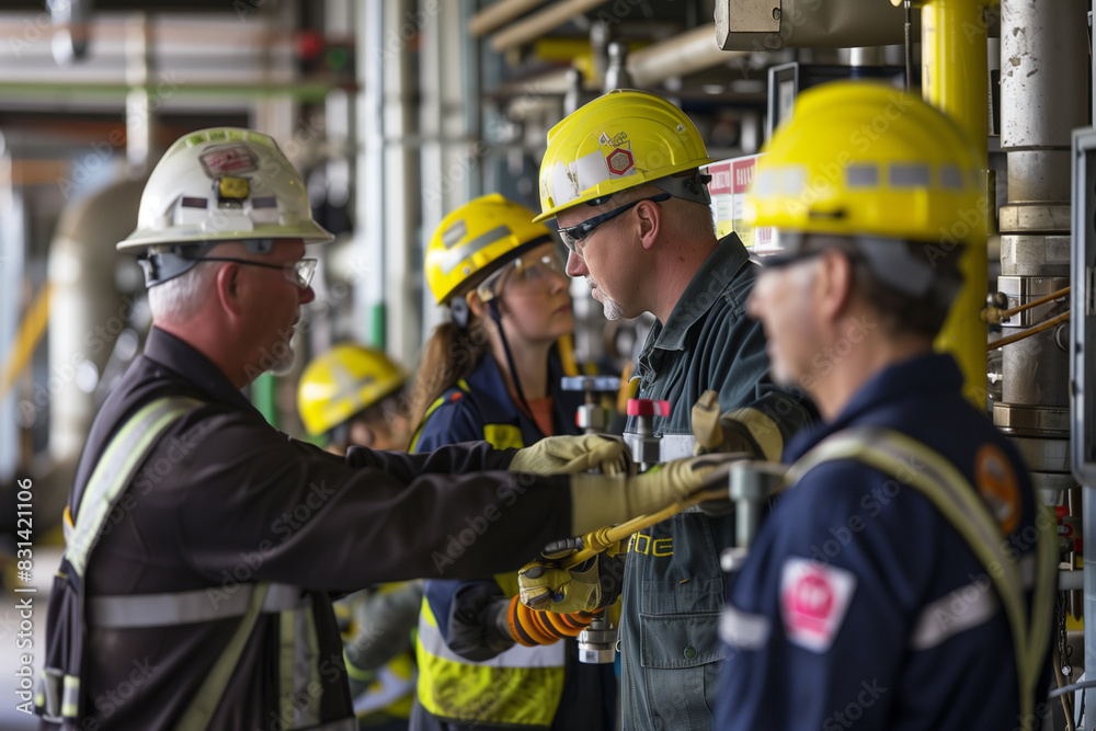 The stationary engineer and a group of workers are shown in a well-lit industrial environment, ensuring safety protocols with visible safety signs and equipment. The workers, in un