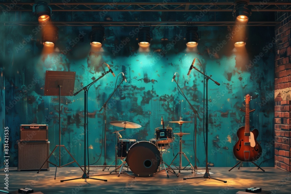 Fototapeta premium A collection of musical instruments including guitars, drums, keyboards, and microphones arranged on a stage ready for a captivating performance. Generative AI