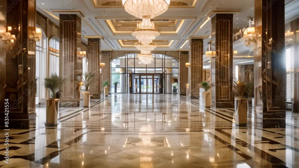 Luxurious hotel lobby featuring a grand chandelier and polished marble ...