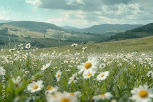 Beautiful spring and summer natural landscape with blooming field of daisies in the grass in the hilly countryside  chamomile field
