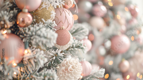 copy space, stockphoto, beautiful christmas tree decorated with gentle shades of blush pink ornaments and baubles, white tinsels. festive celebrate christmas eve background concept banner of xmas deco