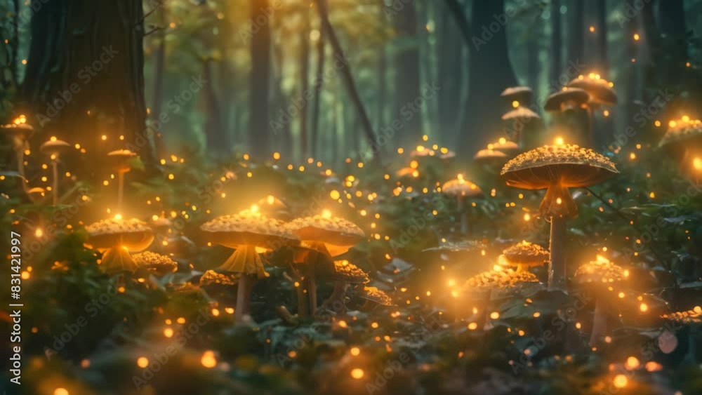 Cluster of various mushrooms growing on forest floor surrounded by trees, A magical forest filled with glowing mushrooms and twinkling fireflies Cluster of various mushrooms growing on forest floor surrounded by trees, A magical forest filled with glowing mushrooms and twinkling fireflies