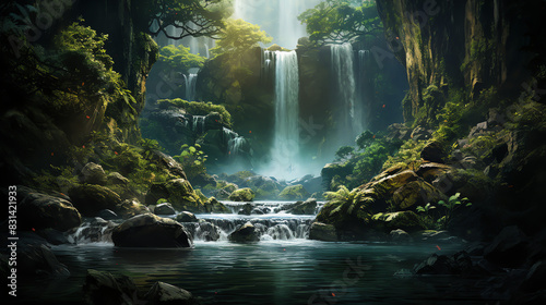 The image is of a waterfall in a jungle. The waterfall is surrounded by green trees and plants.
