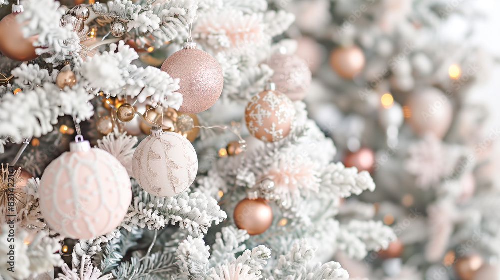 copy space, stockphoto, beautiful christmas tree decorated with gentle shades of blush pink ornaments and baubles, white tinsels. festive celebrate christmas eve background concept banner of xmas deco