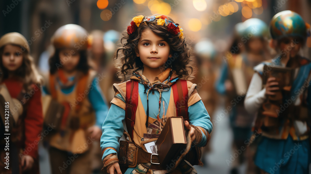 A group of children wearing medieval-style clothing are walking down a street.