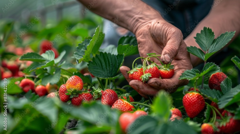 A person harvested ripe strawberries from a bush in a garden during the summer season A person harvested ripe strawberries from a bush in a garden during the summer season