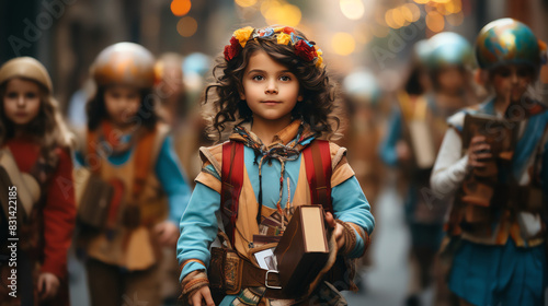A group of children wearing medieval-style clothing are walking down a street.