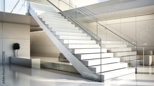 A modern staircase with a striking, two-tone color scheme and a sleek, glass balustrade © Aeman
