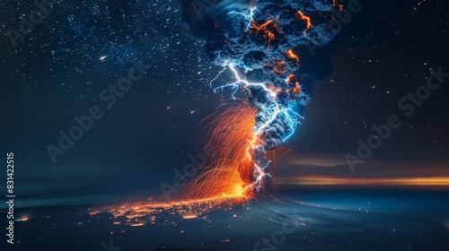 Dramatic image of a volcanic lightning storm illuminating the ash clouds above an erupting volcano, creating a surreal and awe-inspiring sight photo
