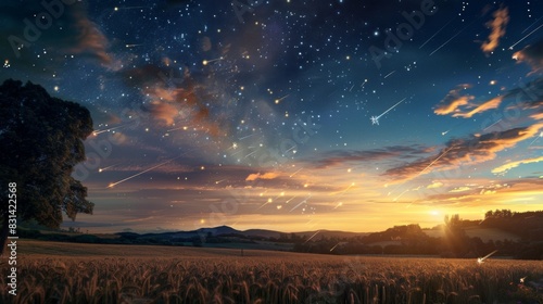 Composite image of shooting stars streaking across the sky above a tranquil countryside, blending natural beauty with celestial wonder photo