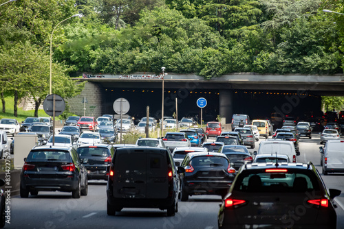 Fototapeta Naklejka Na Ścianę i Meble -  Driving in heavy traffic on ring road of capital of France, traffic jam problems in Paris