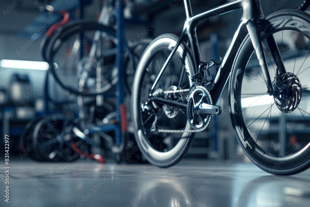 Professional Workshop Setting Featuring Sleek Olympic Cyclist's Bike and High-Tech Components Professional Workshop Setting Featuring Sleek Olympic Cyclist's Bike and High-Tech Components