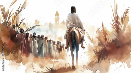 Jesus entering in Jerusalem on a donkey. Palm Sunday. New Testament. Watercolor Biblical Illustration
