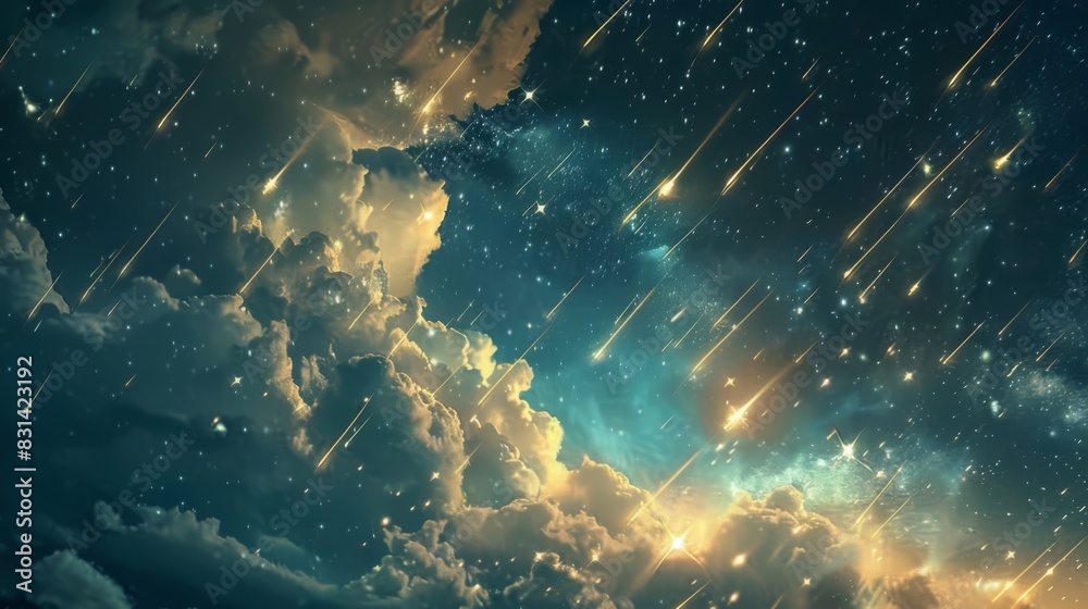 Dramatic image of shooting stars falling against a backdrop of swirling clouds, creating a mystical and ethereal atmosphere