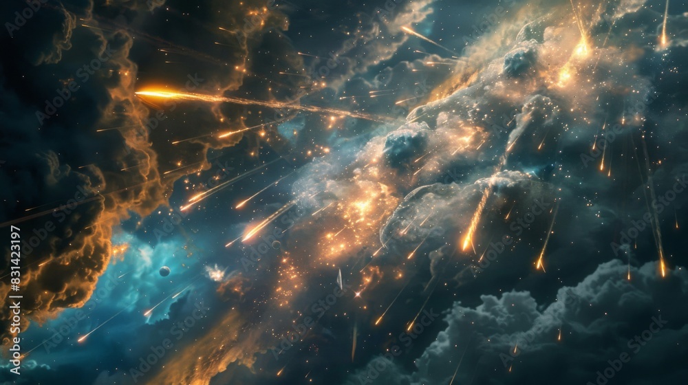 Obraz premium Dramatic image of shooting stars falling against a backdrop of swirling clouds, creating a mystical and ethereal atmosphere