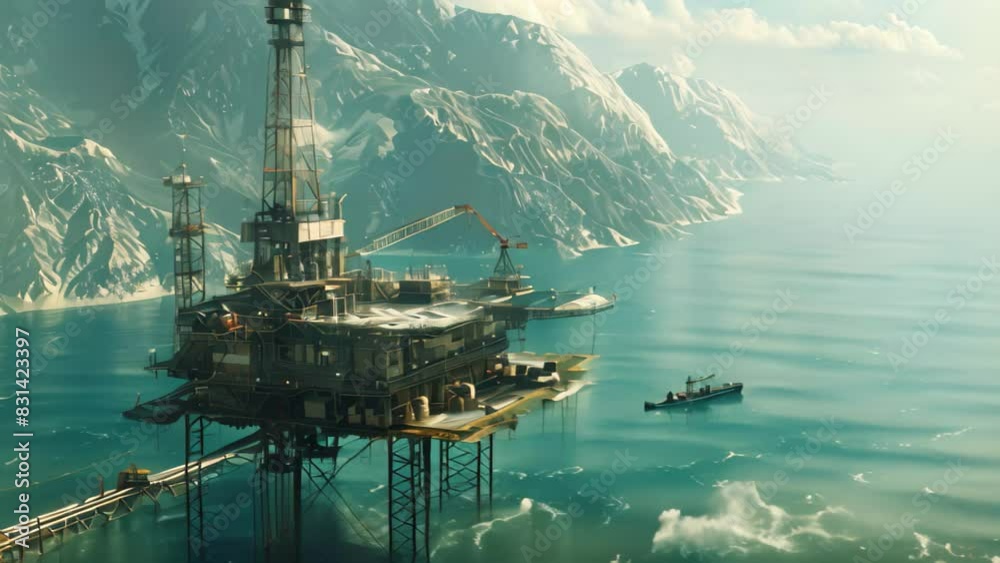 An oil rig towering over the vast ocean, extracting resources from deep ...