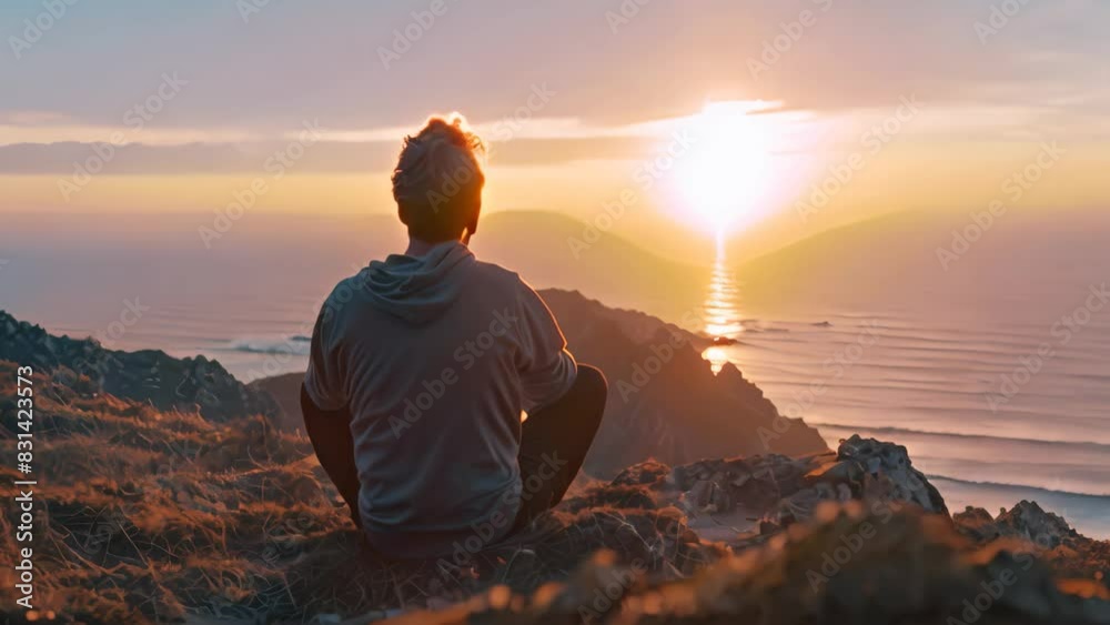 A man sitting on a hill, quietly observing the sunset, A man with a sense of calm and inner peace A man sitting on a hill, quietly observing the sunset, A man with a sense of calm and inner peace