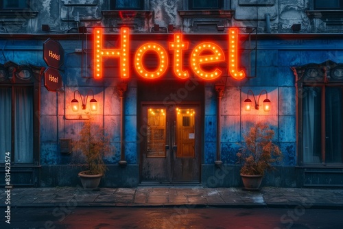 Neon hotel sign illuminating a building facade at night, creating a vibrant and energetic urban scene