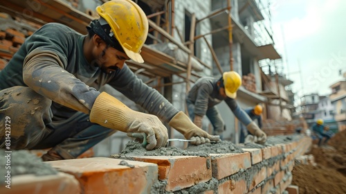 Bricklaying : A team of workers is meticulously placing bricks and applying mortar to build a wall. © Jack