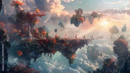 Floating islands, abandoned villages hanging in the air, gardens suspended in the air. photo