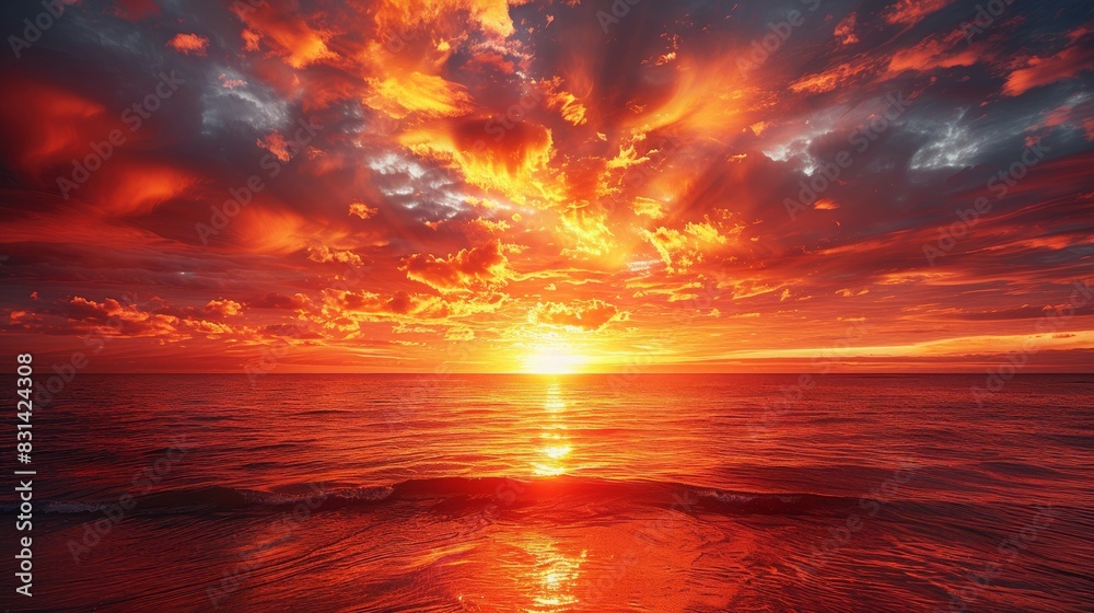 Sunset on the sea, the sun hides behind the horizon. Red sunset.