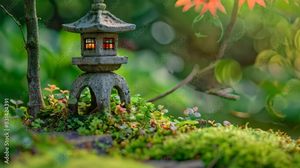 A small stone lantern rests atop lush moss on the ground, A miniature jewel in the garden A small stone lantern rests atop lush moss on the ground, A miniature jewel in the garden