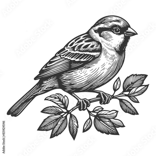 sparrow, perched on a branch, showcasing the bird delicate features and natural poise sketch engraving generative ai vector illustration. Scratch board imitation. Black and white image.