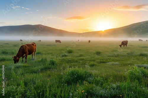 Dew-Kissed Pasture  Cows Roaming at Sunrise