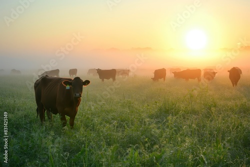 Dawn's Embrace: Grazing Cows in Foggy Fields