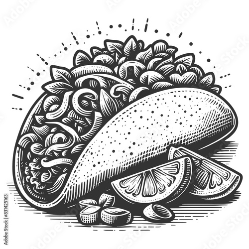 taco with lime slices, showcasing classic artistic style and intricate line work sketch engraving generative ai vector illustration. Scratch board imitation. Black and white image.