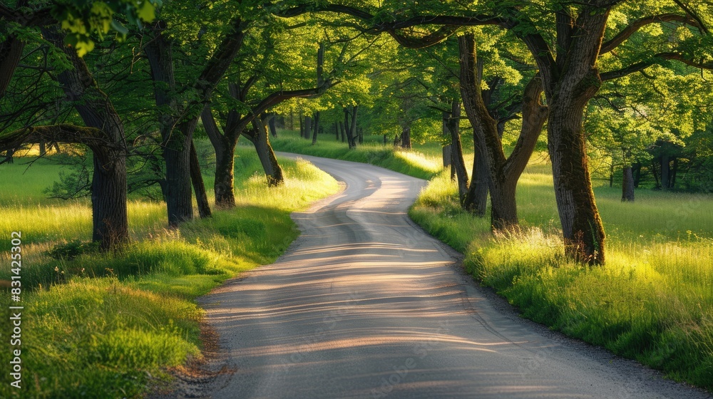 Rural road with trees and winding path Rural road with trees and winding path